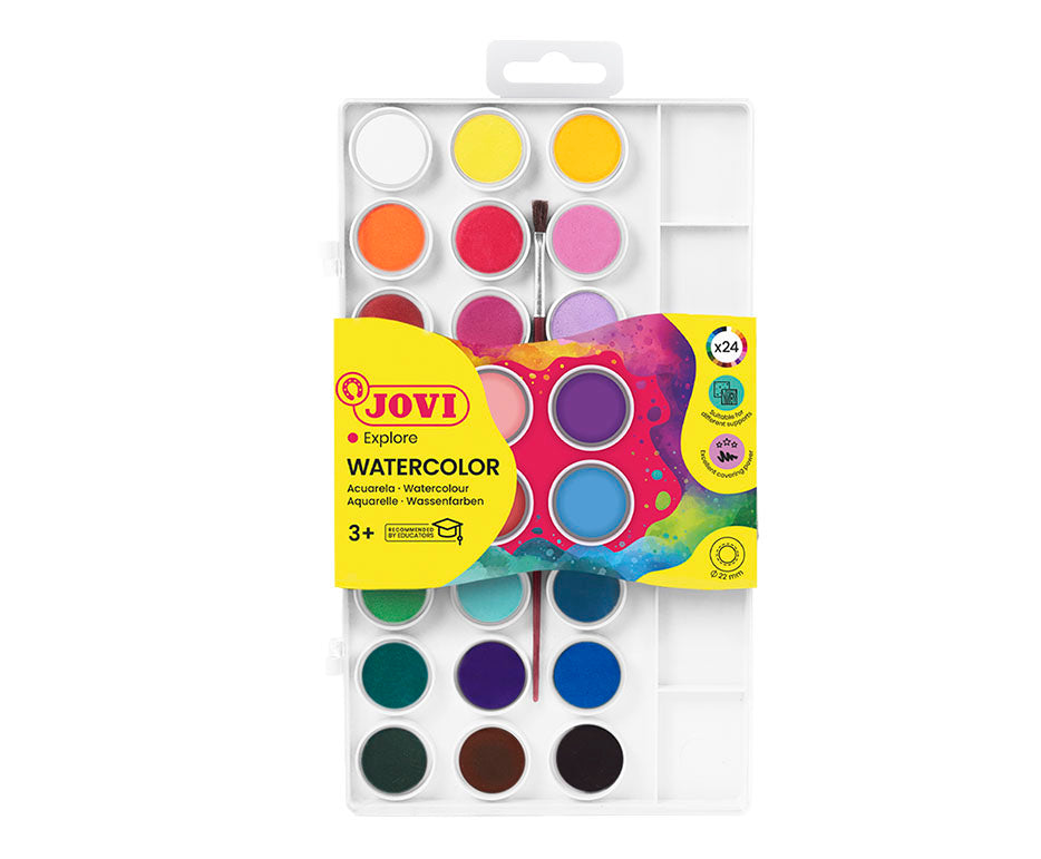 JOVI Deckfarbkasten 24 Farben mit Pinsel (Durchmesser 22 mm)