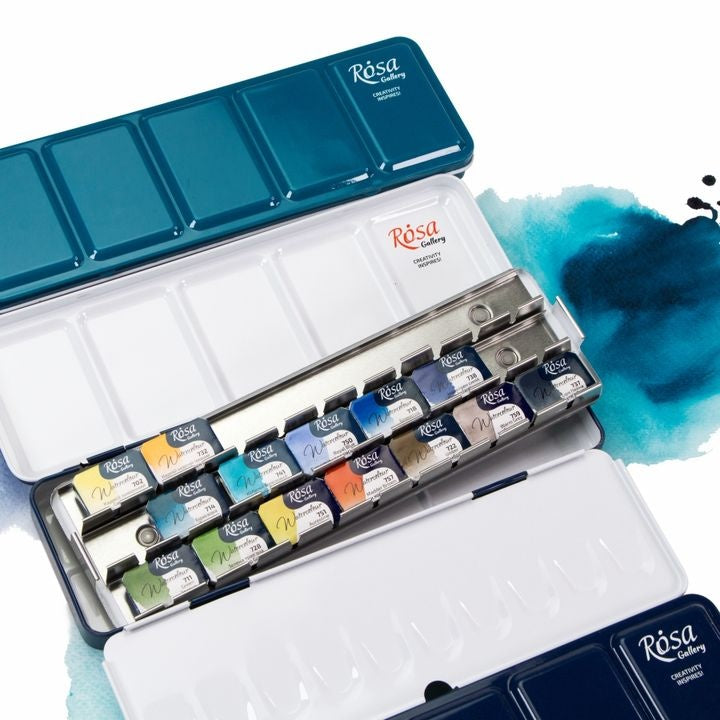 Сase für Aquarellfarben, metallisch, Türkis, 21 pan, ROSA GALLERY