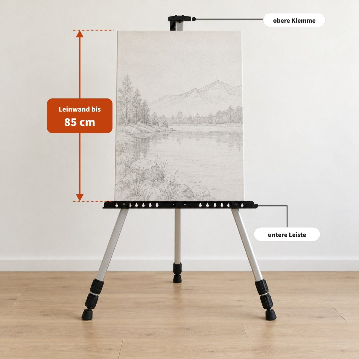 Leinwand bis 85 cm Höhe in den verstellbaren Halterungen der Staffelei Royal ALUMINIUM