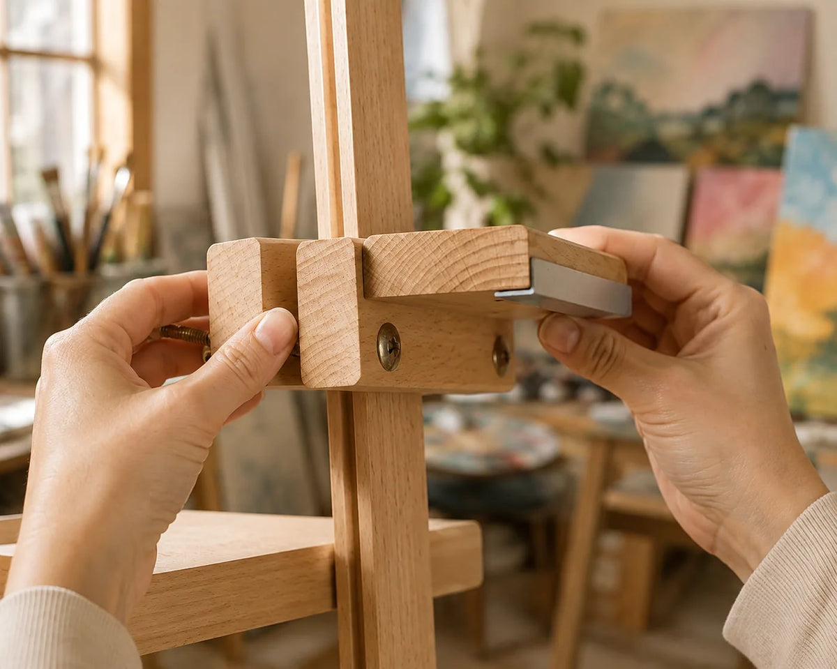 Einstellen der oberen Halterung der Staffelei MY HOME — Detail mit Aluminiumleiste