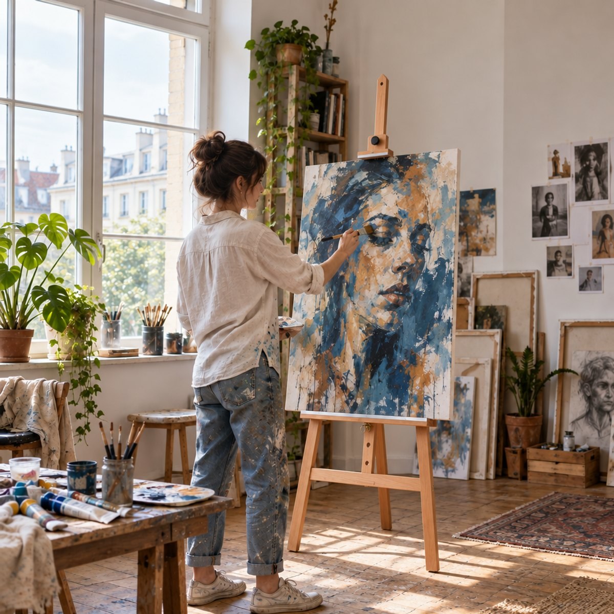 Staffelei 258 NEW YORK beim Malen eines großen Formats im Atelier zu Hause