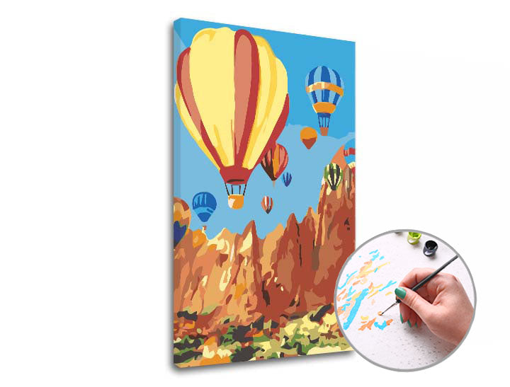 Malen nach Zahlen Set mit Motiv Heißluftballon auf Baumwoll-Leinwand.