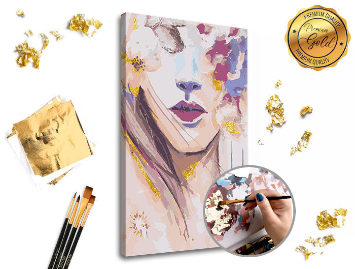 Malen nach Zahlen PREMIUM GOLD Set mit dem Motiv Frau mit Blumen | ARTMIE