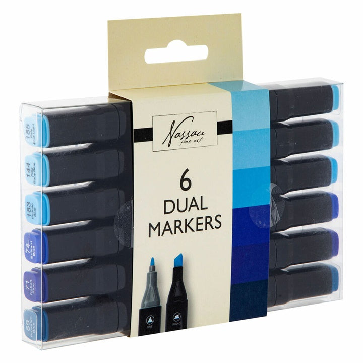 Nassau Dual Marker Set mit 6 blauen Stiften für Zeichnungen und Illustrationen | ARTMIE