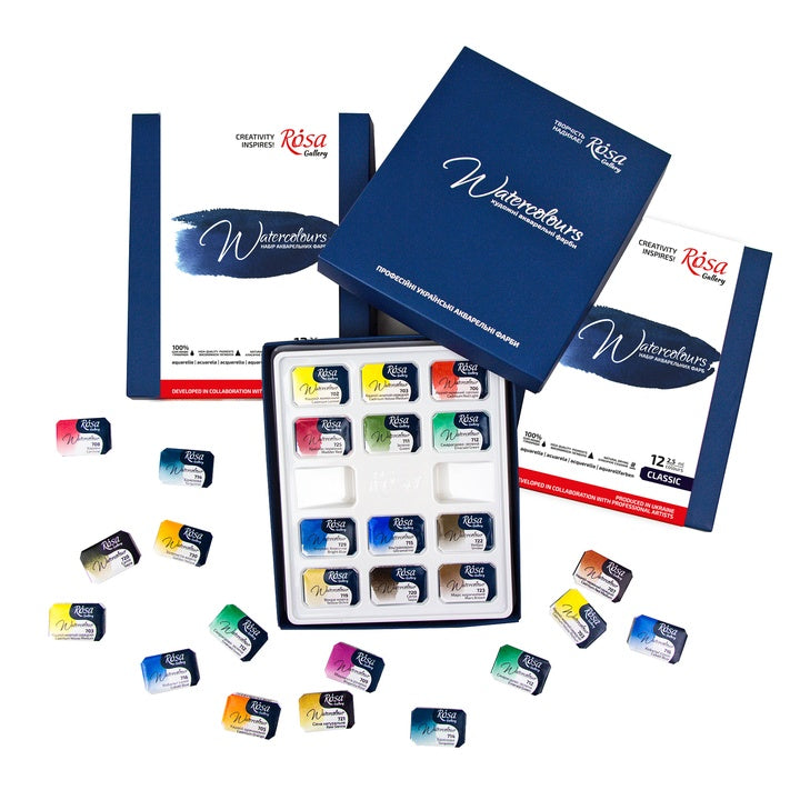 Set von Aquarellfarben "Classic", 12 Farben, volle Pfannen, Karton, ROSA GALLERY