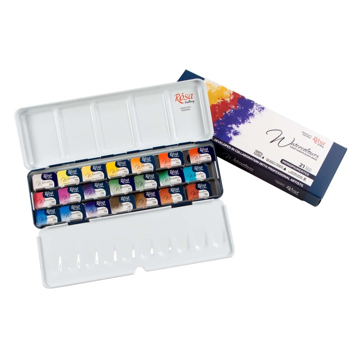 Aquarellfarben-Set "Мonopigmentiert" ROSA GALLERY, Metalldose, Indigo, 21 Farben, volle Töpfe