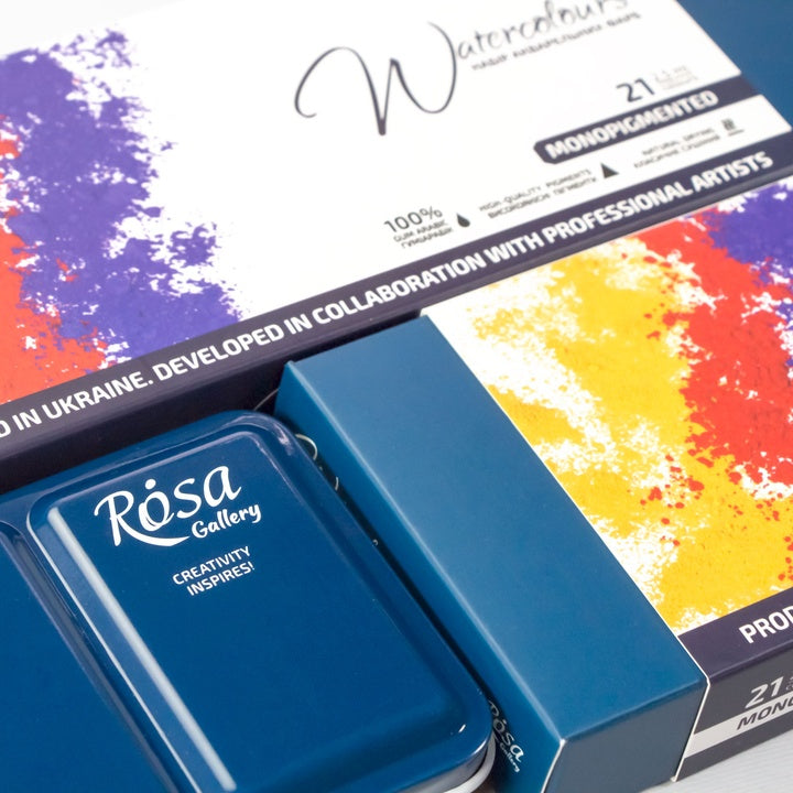 Aquarellfarben-Set "Мonopigmentiert" ROSA GALLERY, Metalldose, Indigo, 21 Farben, volle Töpfe