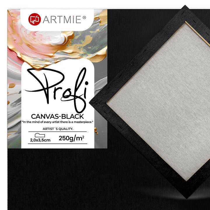 Schwarze Leinwand PROFI ARTMIE — 100% Baumwolle mit schwarzer Gesso-Grundierung auf Fichtenkeilrahmen