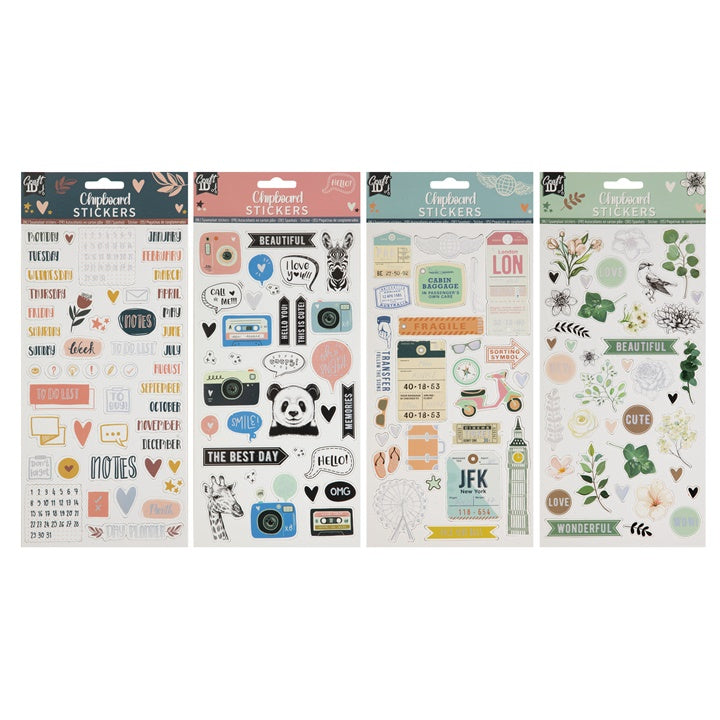 Set aus festen Chipboard-Stickern mit verschiedenen Motiven für Scrapbooking | ARTMIE