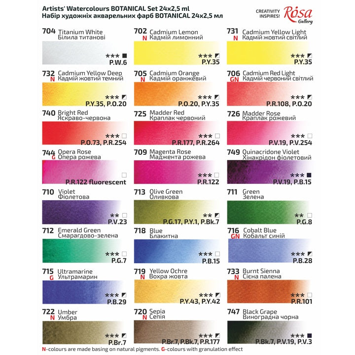 Set von Aquarellfarben "Botanycal", 24 Farben, volle Pfannen, Karton, ROSA GALLERY