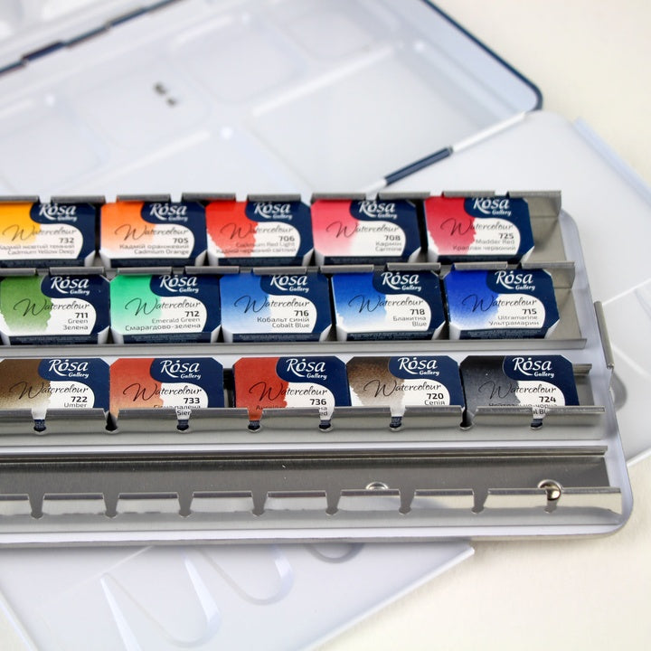 Set von Aquarellfarben "Classic" Metallgehäuse, 21 Farben, volle Pfannen, ROSA GALLERY