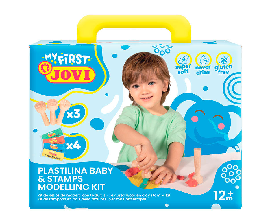 Weiche natürliche Knete JOVI My First 4 x 38 g – + 3 Holzstempel