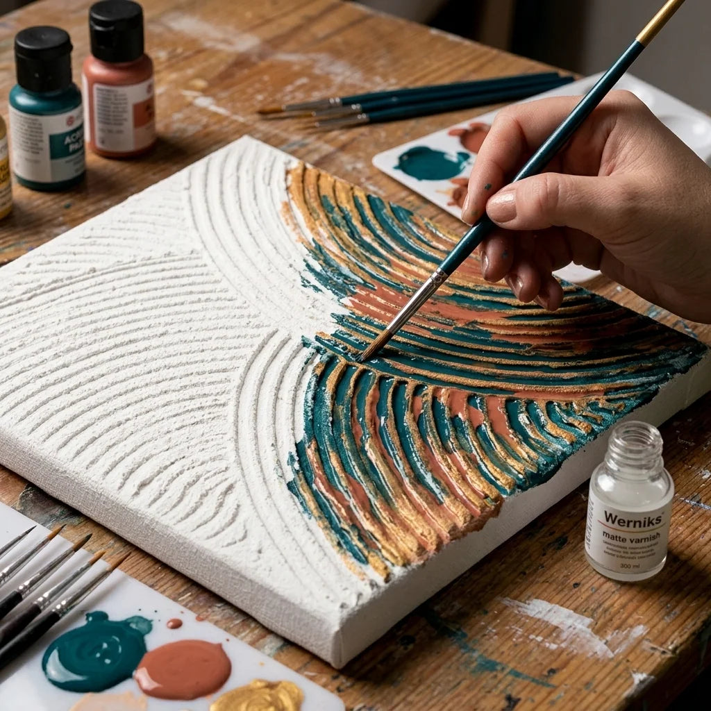 Bemalen des trockenen Reliefs mit Acryl und Veredelung mit Firnis