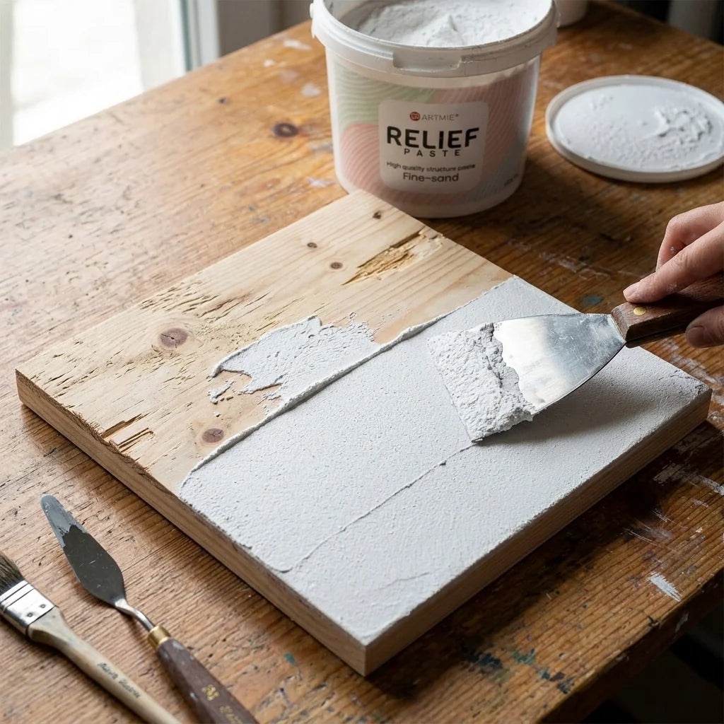 Untergrundbegradigung mit Reliefpaste — Vorher/Nachher auf einer Holzplatte