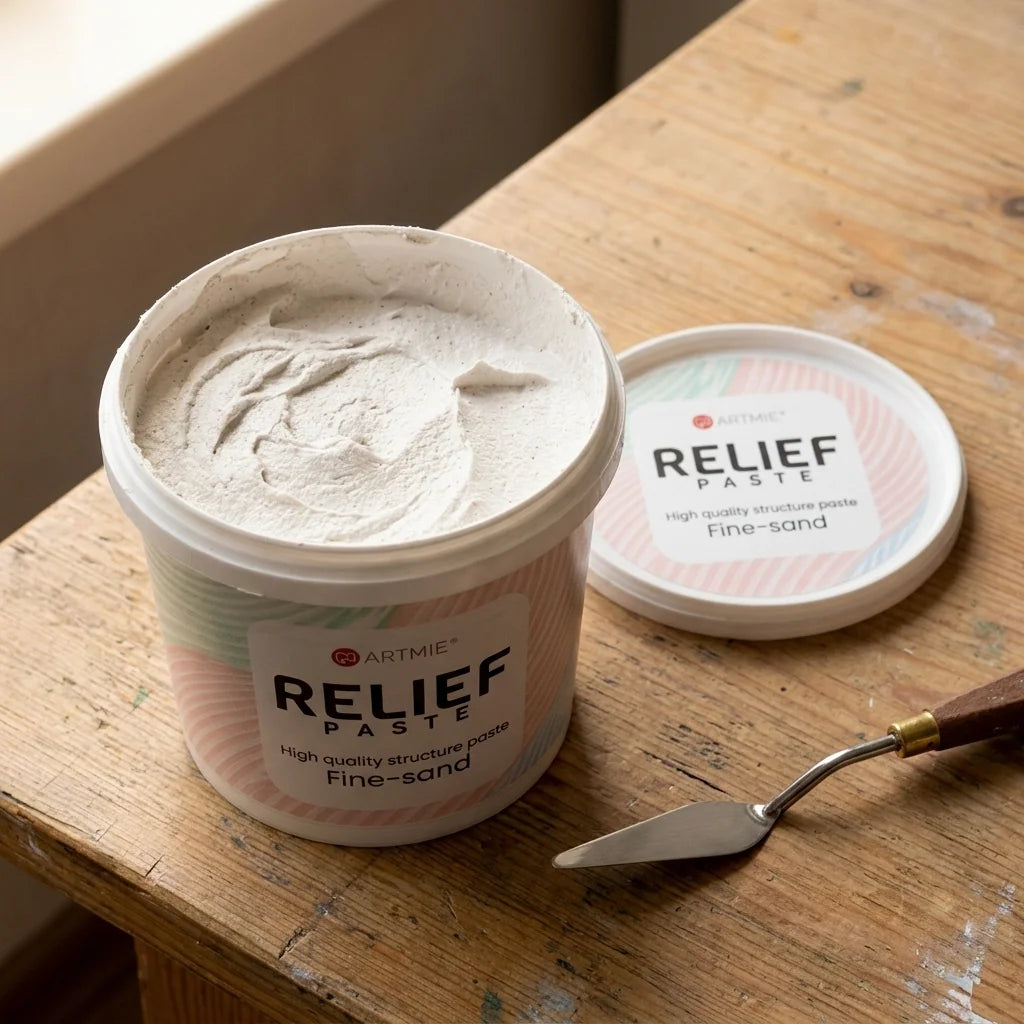 Geöffnete ARTMIE Reliefpaste — sichtbare Sandstruktur der Paste im Inneren