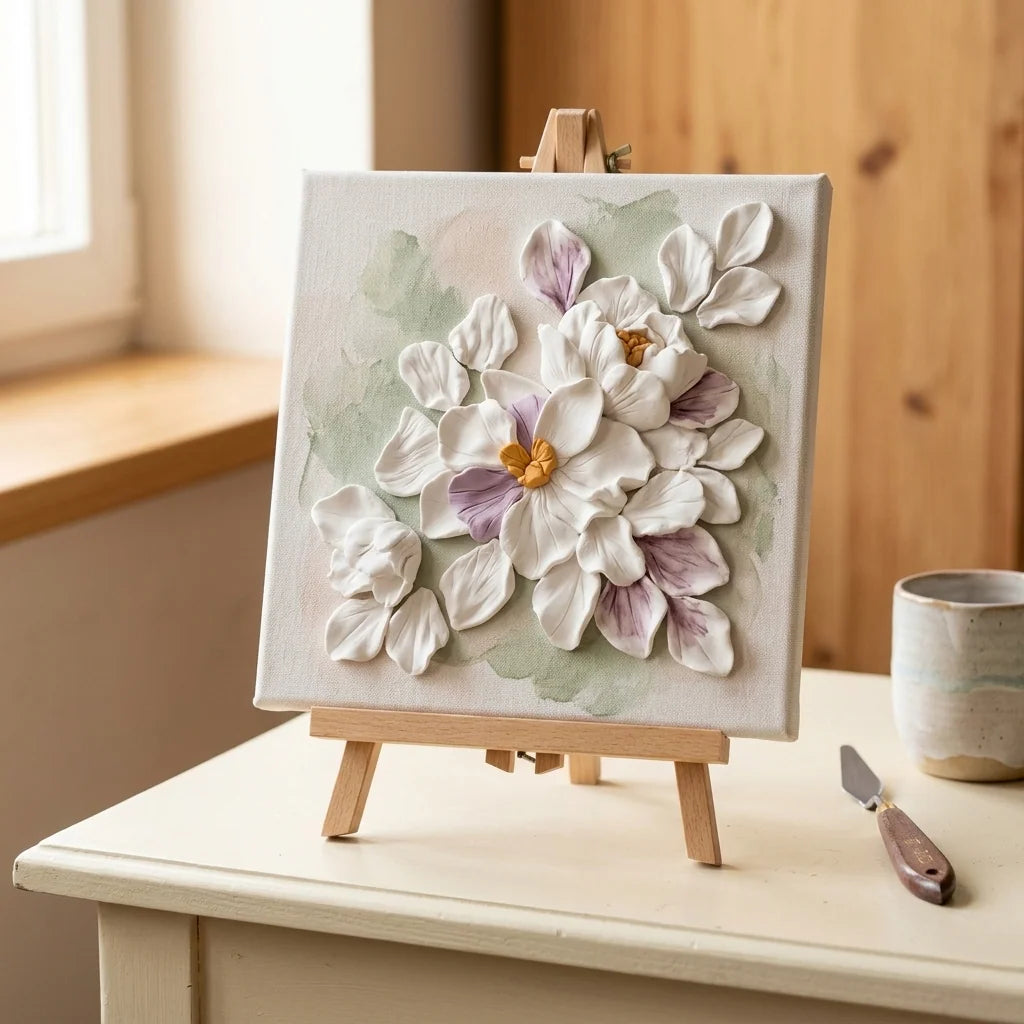 Blumen aus Cloudy Clay auf Leinwand geklebt — 3D-Reliefbild