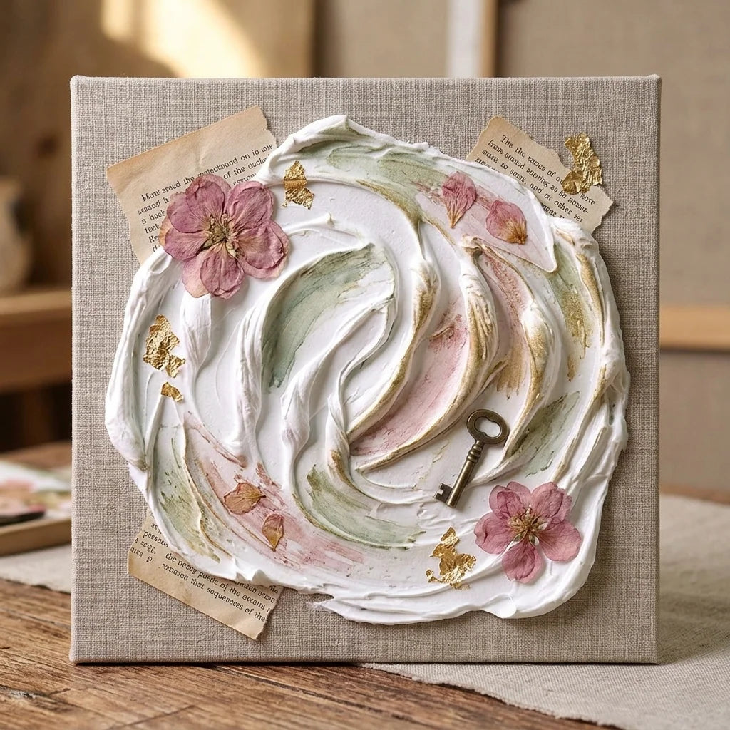 Mixed-Media-Collage mit Butter Paste — getrocknete Blumen, Vintage-Papier, Messingschlüssel