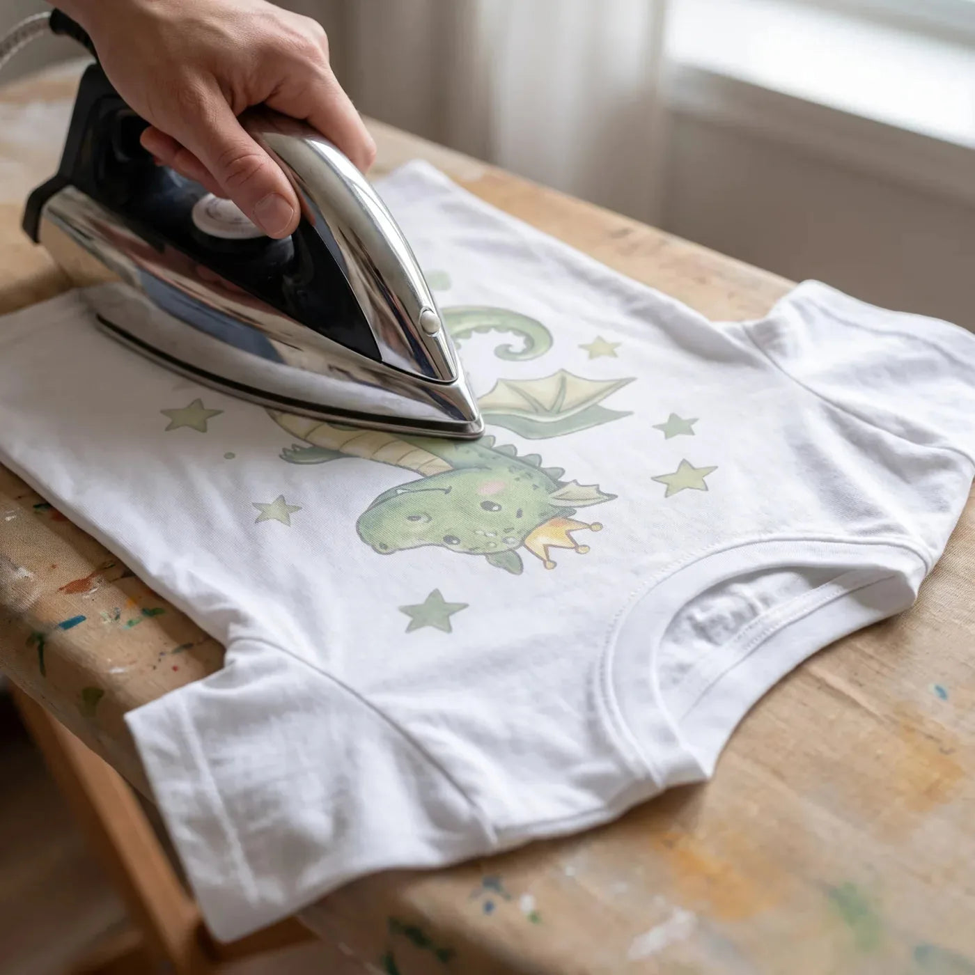 Fixieren des Drachenmotivs mit dem Bügeleisen von der linken Seite des umgestülpten Shirts