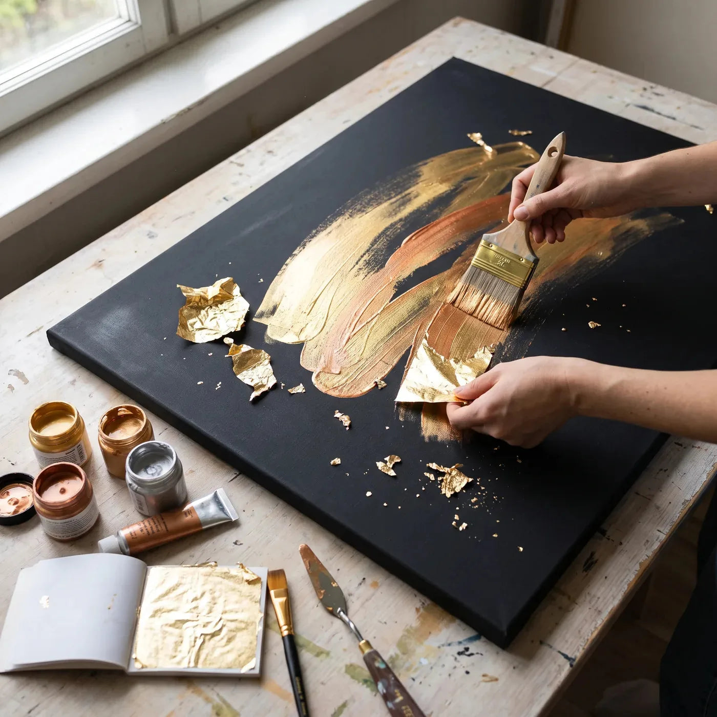 Malen mit Metallic-Acryl und Auftragen von Blattgold auf schwarze PROFI ARTMIE Leinwand