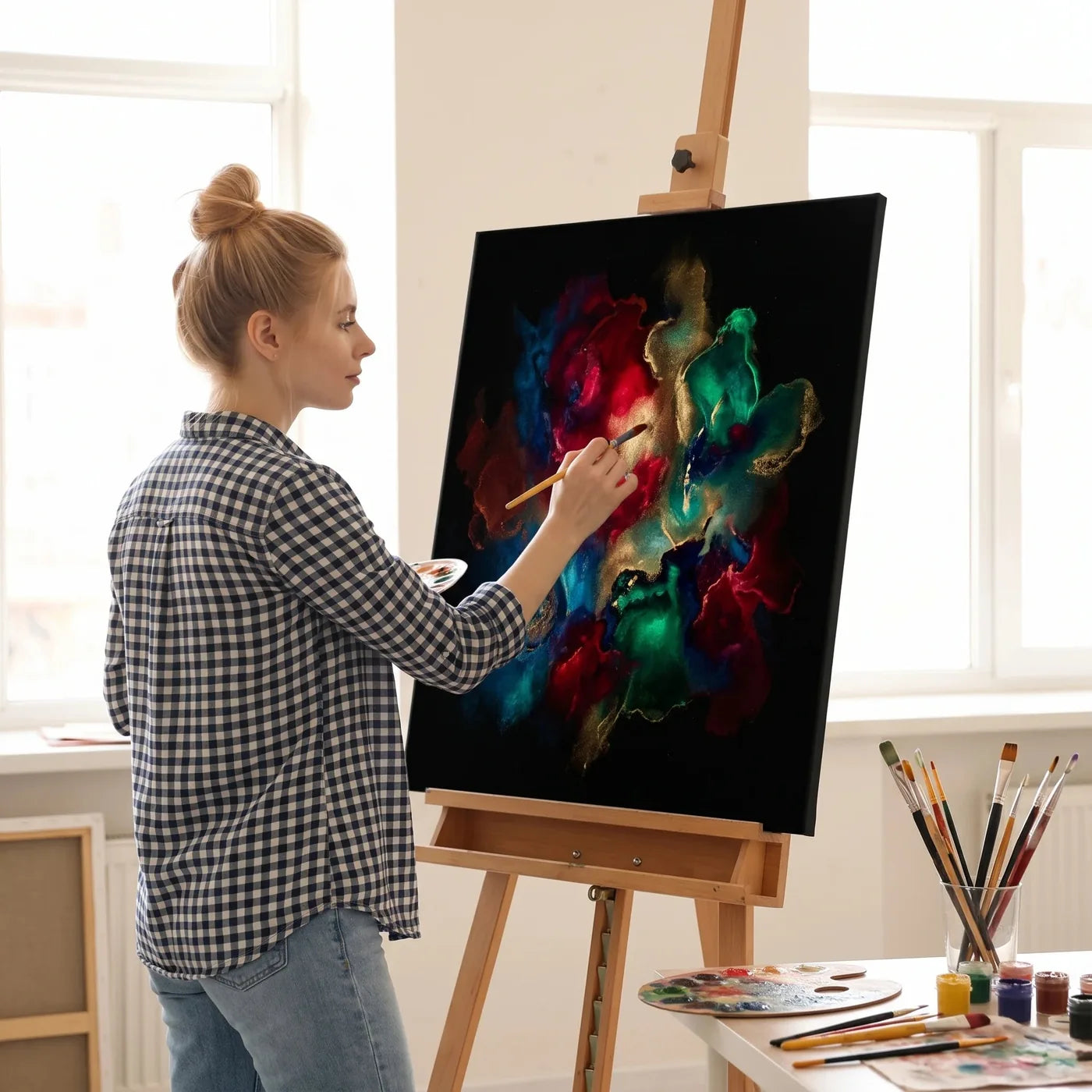 Große schwarze Leinwand im Atelier des Malers