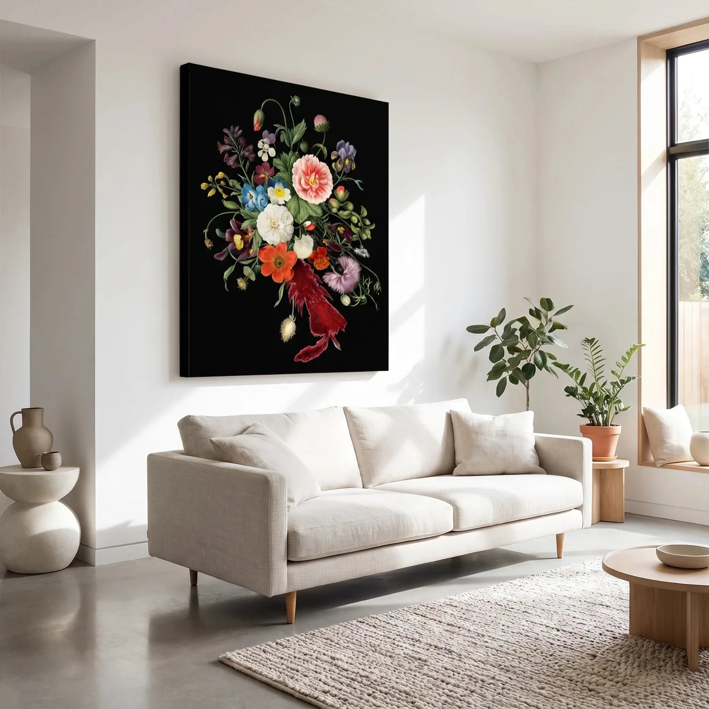 Großformatiges Bild auf schwarzer PROFI-Leinwand über dem Sofa im Wohnzimmer