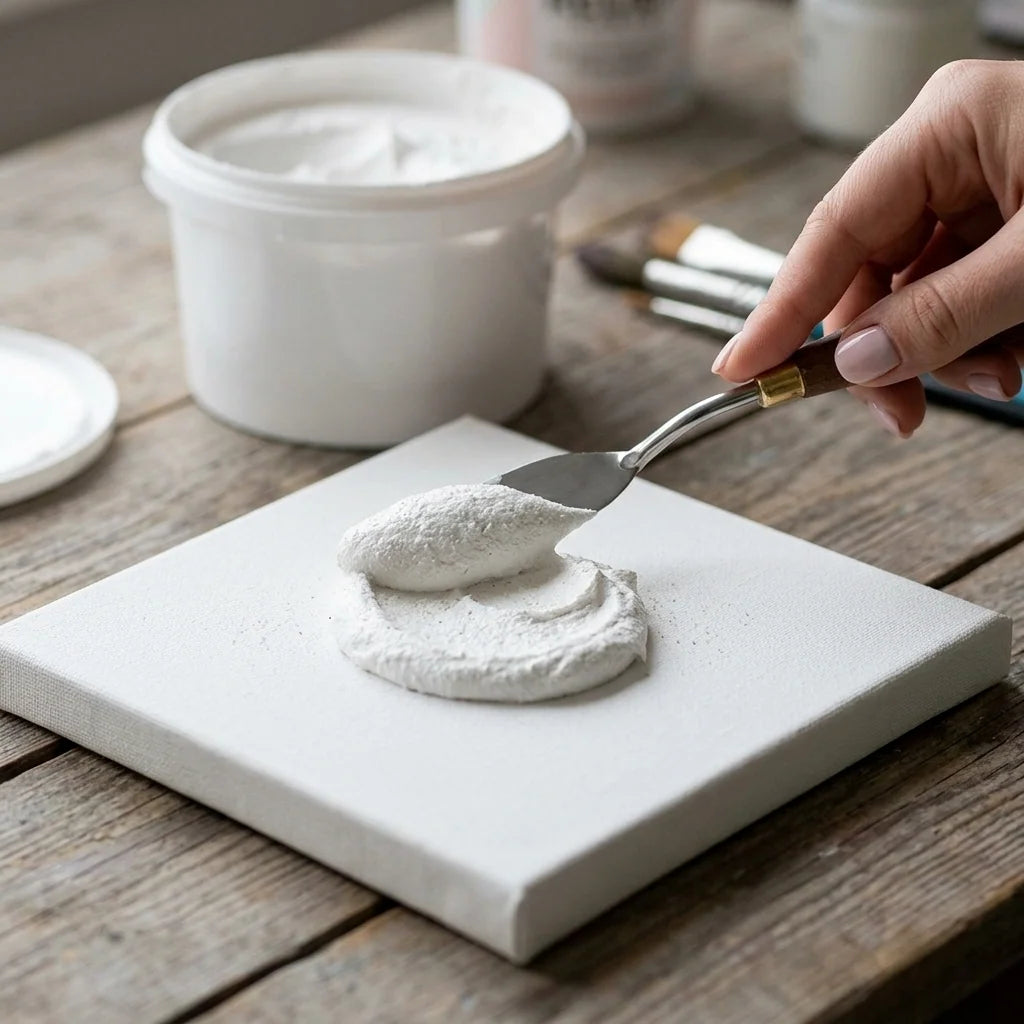 Auftragen der 3D-Paste mit dem Malspachtel auf Leinwand