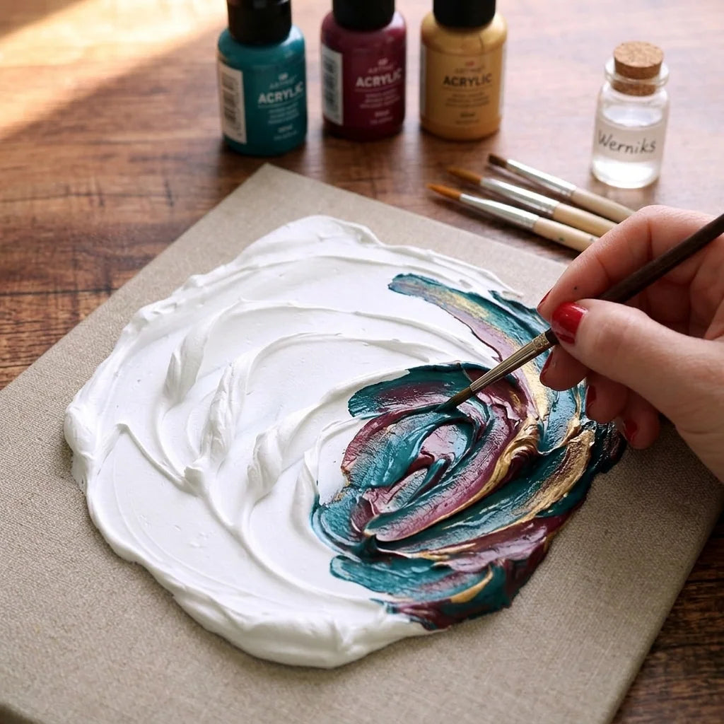 Bemalen des trockenen Reliefs mit Acryl und Versiegeln mit Firnis