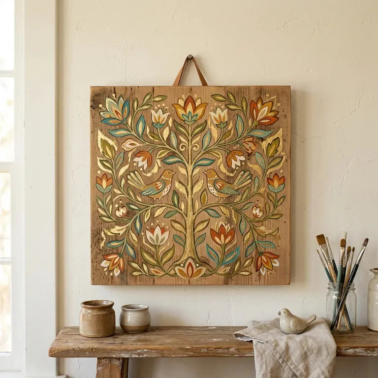 Holzelement verziert mit Acrylfarben und metallischem Gold