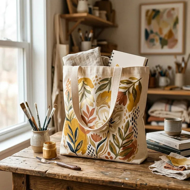 Acrylmalerei auf Stoff mit goldenem Motiv