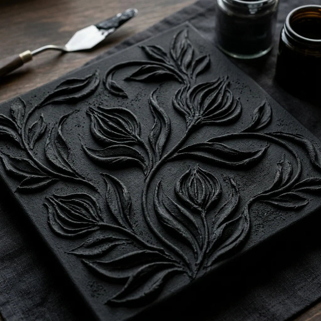 Schwarzes skulpturales Relief aus der Midnight 3D Strukturpaste
