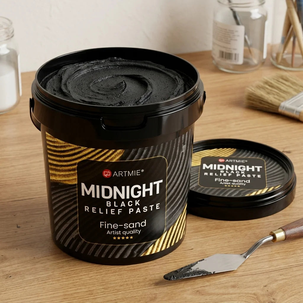 Geöffnete ARTMIE Midnight Verpackung — sichtbare schwarze 3D Strukturpaste mit Sandstruktur im Inneren