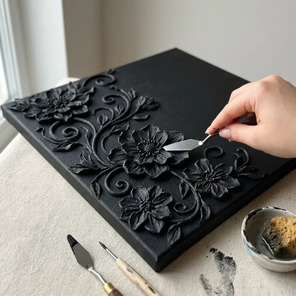 Struktur modellieren in der schwarzen Midnight 3D Strukturpaste — Werkzeuge und Sandstruktur