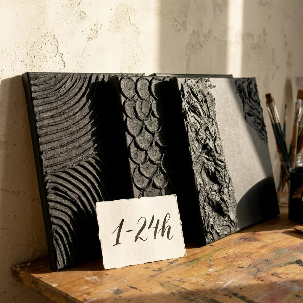 Schwarze Reliefs aus der Midnight 3D Strukturpaste trocknen an der Luft