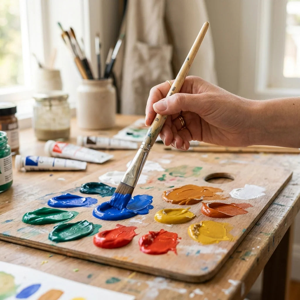Gouache auf der Palette verteilen