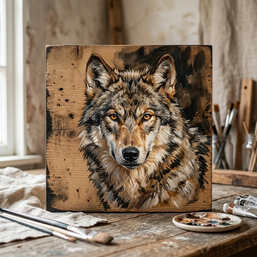Wolf gemalt mit Acryl auf Holzplatte — El Greco