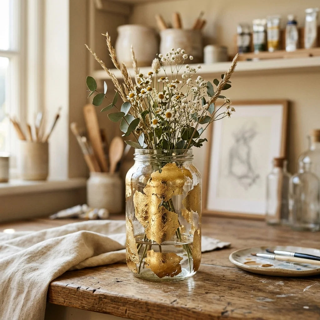 Glasgefäß mit Blattgold