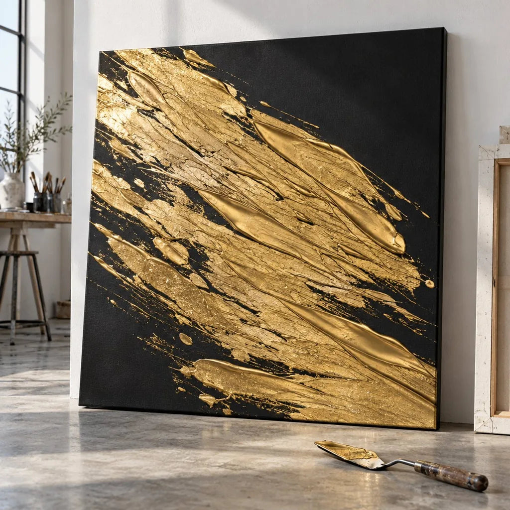 Abstraktes Bild auf schwarzer Leinwand aus Zügen goldener ARTMIE MIDAS Paste mit sichtbarer Spachtelspur
