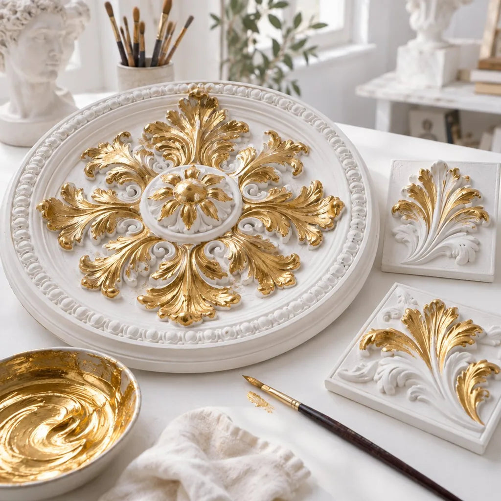 Gipsrosette mit Details, vergoldet mit ARTMIE MIDAS Paste