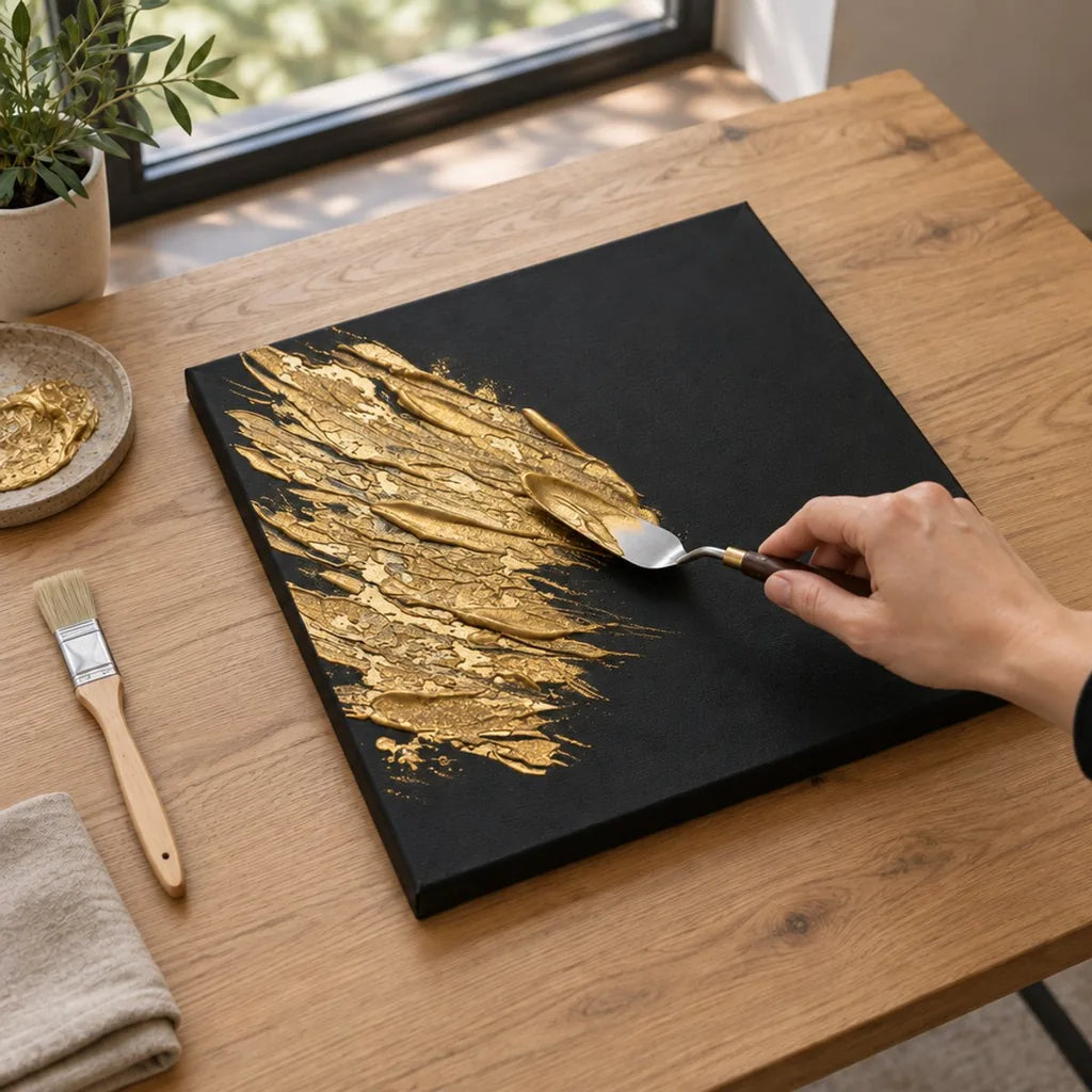 Auftragen der flüssigen goldenen ARTMIE MIDAS Paste mit dem Spachtel auf schwarze Leinwand