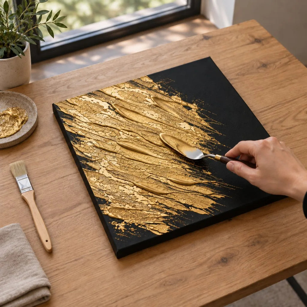 Modellieren der Struktur in der nassen goldenen ARTMIE MIDAS Paste — sichtbare Spachtelspur