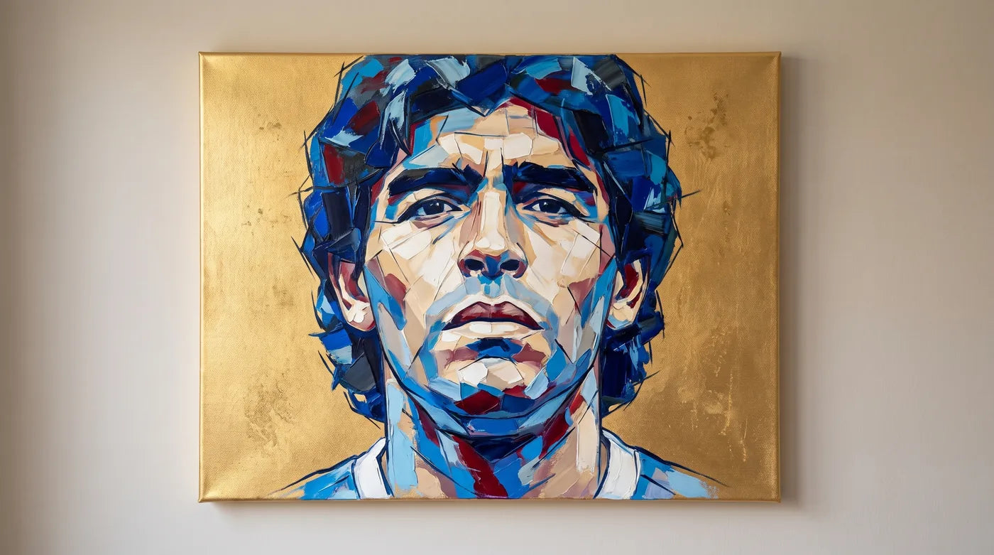 Abstraktes Porträt eines Fußballers, mit Acryl auf die goldene MIDAS-Leinwand gemalt, an der Wand hängend