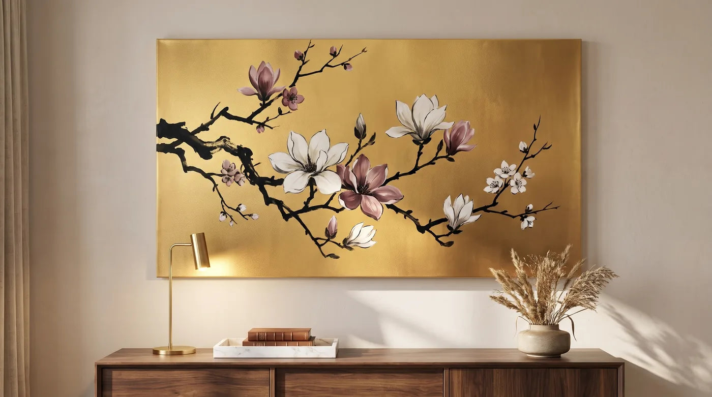Goldene MIDAS-Leinwand mit handgemalten Magnolienzweigen, über einer Kommode im Wohnzimmer