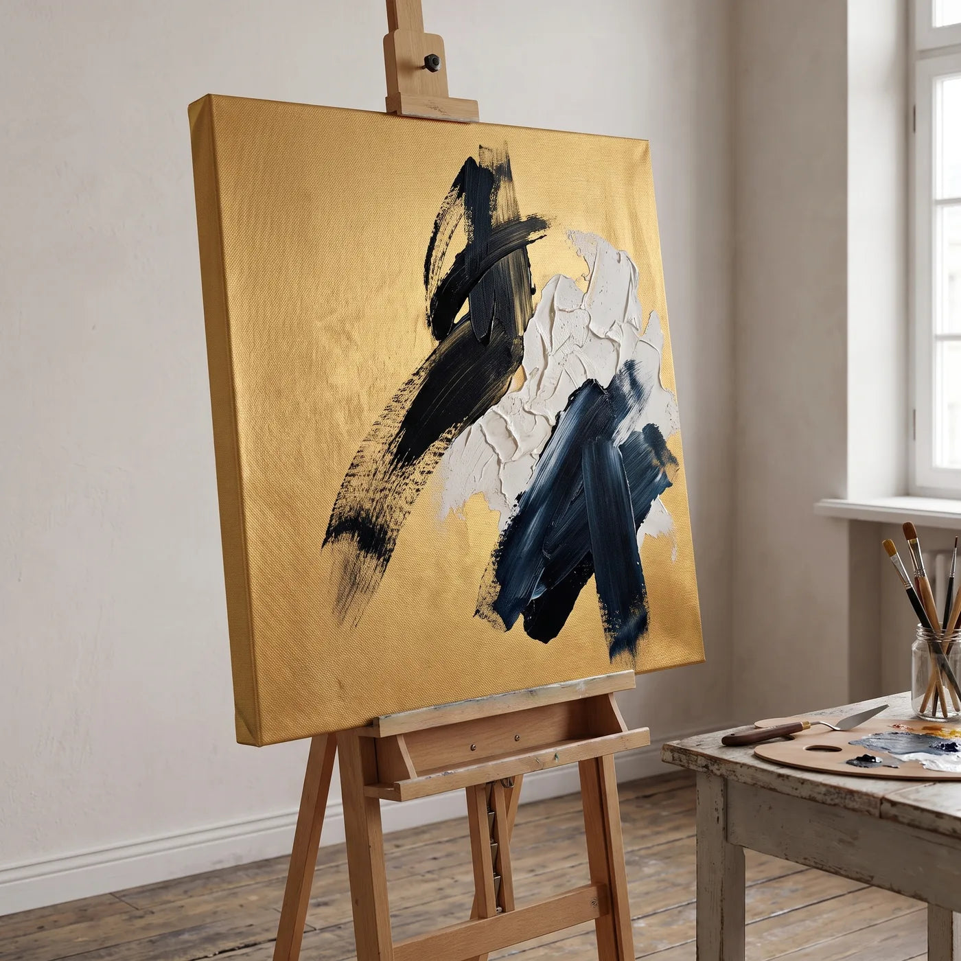 Goldene MIDAS-Leinwand auf einer Staffelei im Maleratelier