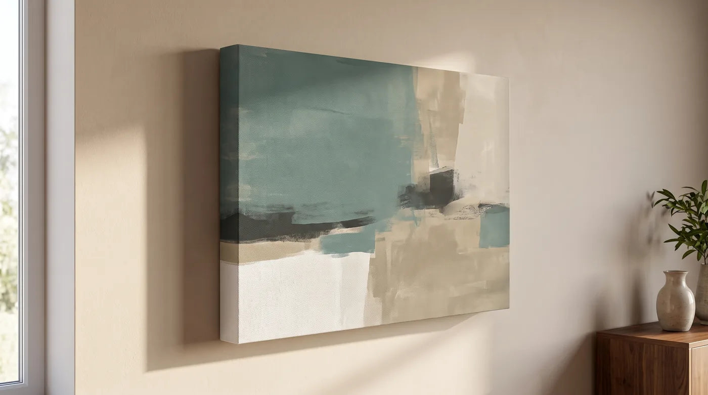 3D-Leinwand an der Wand — der tiefe Keilrahmen wirft einen Schatten und das Bild steht von der Wand ab