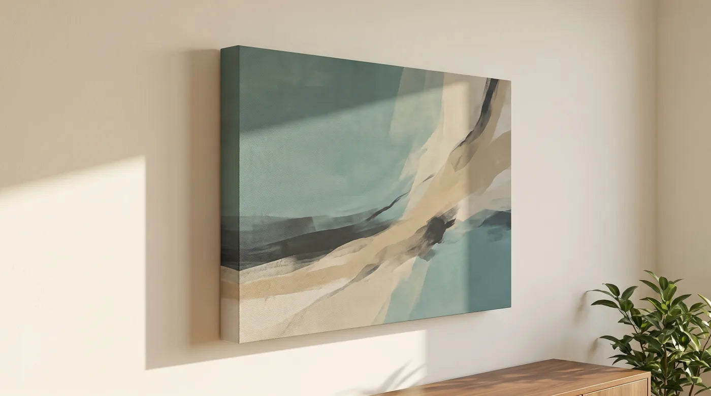 3D+-Leinwand an der Wand — der tiefe Keilrahmen wirft einen Schatten und das Bild steht von der Wand ab