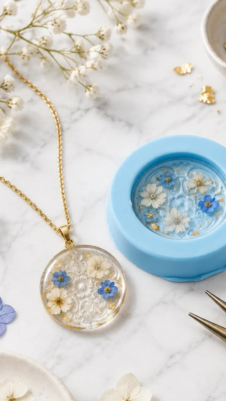 Blaue Silikonform mit Harz und getrockneten Blüten neben dem fertigen Anhänger an einer goldenen Kette