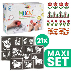 Kinder-Malschablonen-Kollektion 21 Stück + MUCKI Fingerfarben-Set